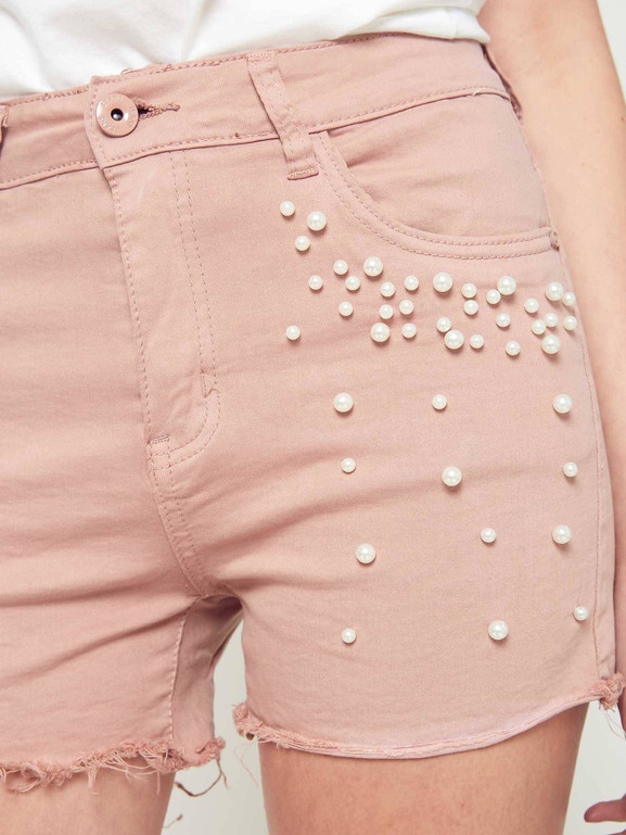 Szorty z perełkami pudrowy róż