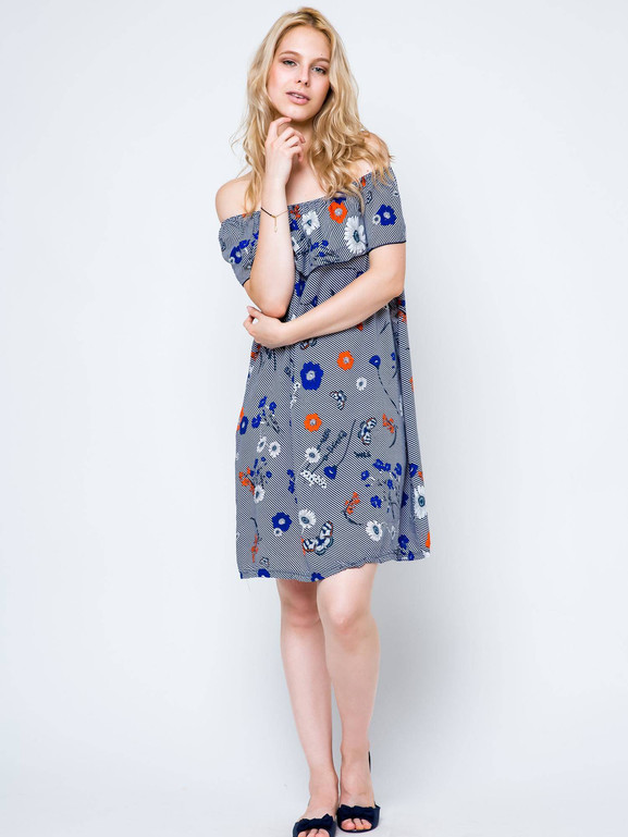 Sukienka z dekoltem carmen zdobiona nadrukiem w kwiaty i motyle granatowa