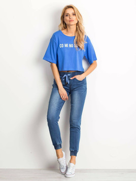 Bluzka cropped z nadrukiem tekstowym niebieska
