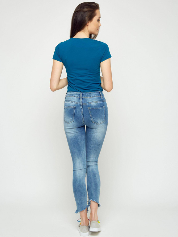 Jeansy zdobione przetarciami i perełkami niebieskie