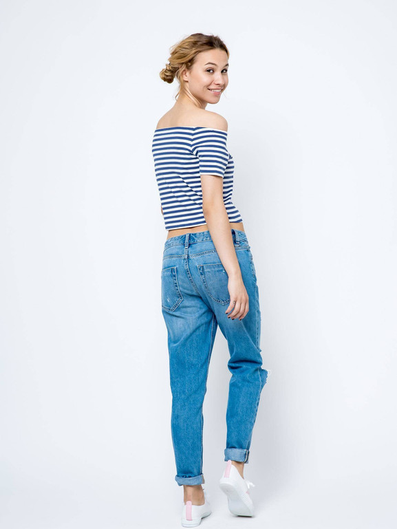 Bluzka krótka z dekoltem carmen biała w granatowe paski