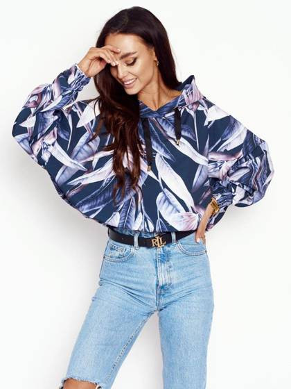 Granatowa bluza oversize z kapturem roślinne printy Cocomore