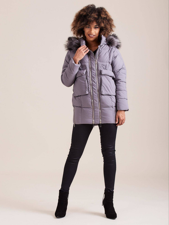 Kurtka pikowana typu puffer oversize z podwójnym zamkiem szara