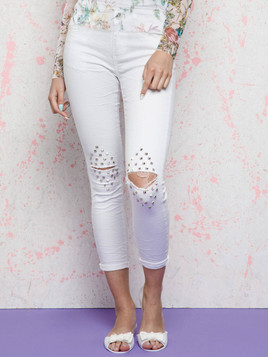 Jeansy Euphory zdobione przecięciami i dżetami na kolanach białe