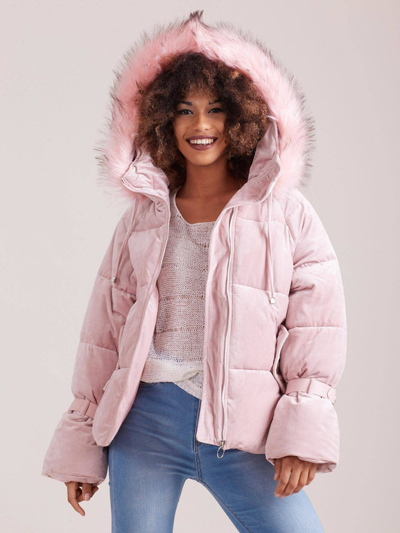 Kurtka typu puffer z weluru krótka różowa
