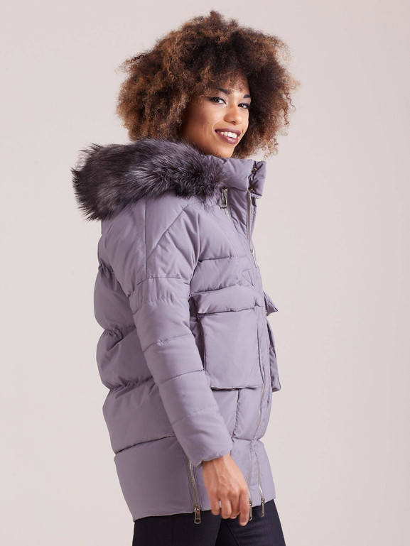 Kurtka pikowana typu puffer oversize z podwójnym zamkiem szara