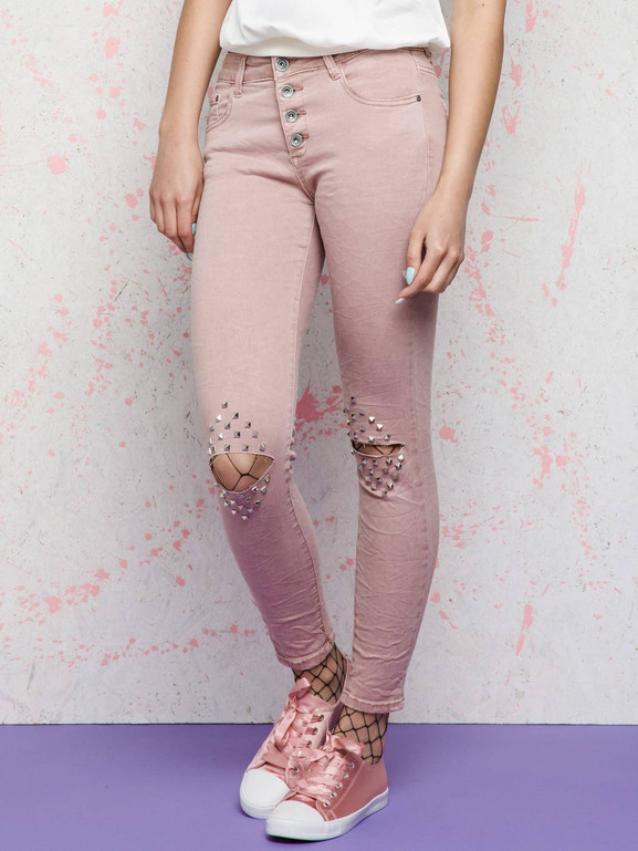 Jeansy Euphory zdobione przecięciami i dżetami na kolanach różowe