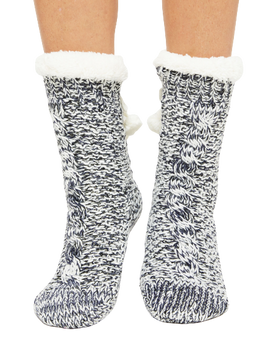 Skarpety zdobione ściegiem warkocza i cekinami granatowe