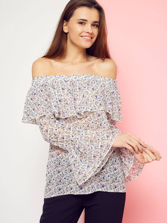 Bluzka w kwiaty z dekoltem carmen Cocomore Boutiqe biała