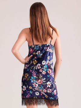 Sukienka welurowa zdobiona nadrukiem w kwiaty granatowa