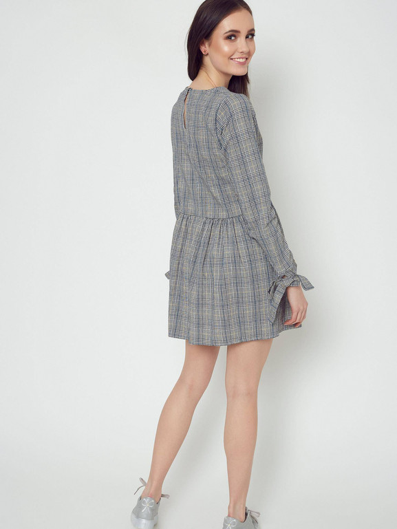 Sukienka w kratkę glen odcinana w pasie szara