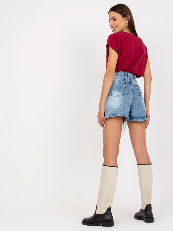 Bordowy bawełniany t-shirt w serek BASIC