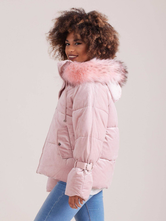 Kurtka typu puffer z weluru krótka różowa