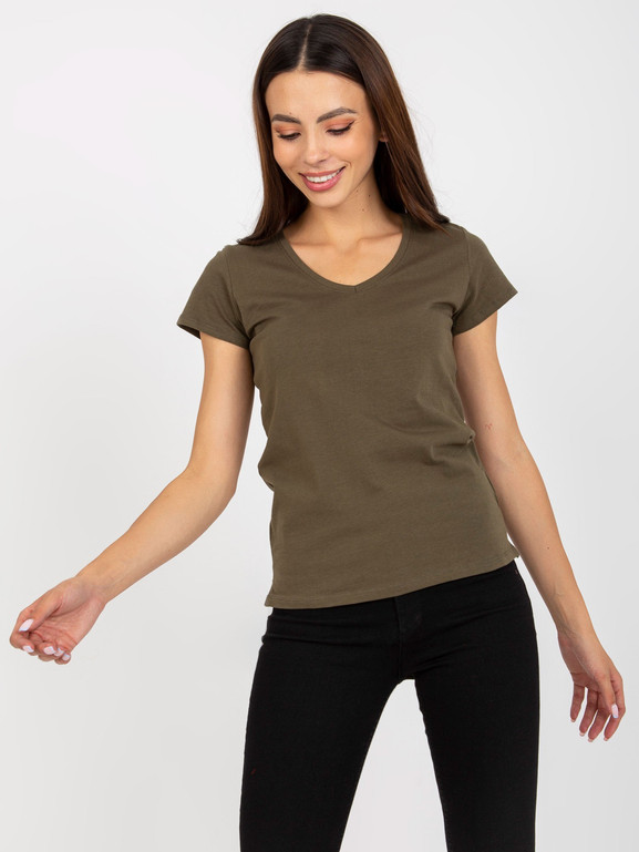 Khaki bawełniany t-shirt z dekoltem w serek