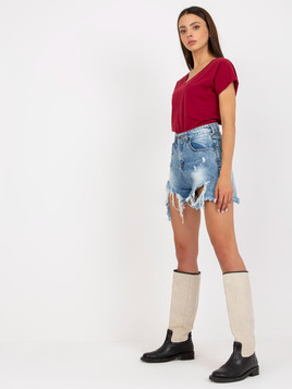 Bordowy bawełniany t-shirt w serek BASIC