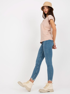 Beżowy bawełniany t-shirt w serek BASIC