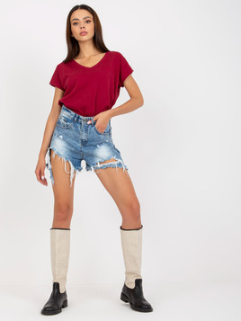 Bordowy bawełniany t-shirt w serek BASIC