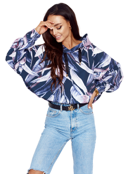 Granatowa bluza oversize z kapturem roślinne printy Cocomore
