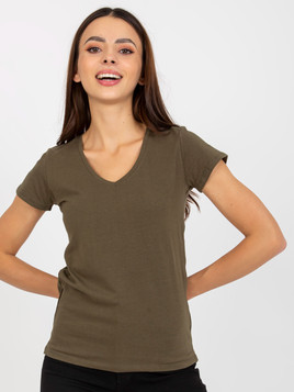 Khaki bawełniany t-shirt z dekoltem w serek