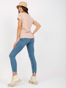 Beżowy bawełniany t-shirt w serek BASIC