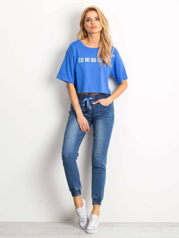 Bluzka cropped z nadrukiem tekstowym niebieska