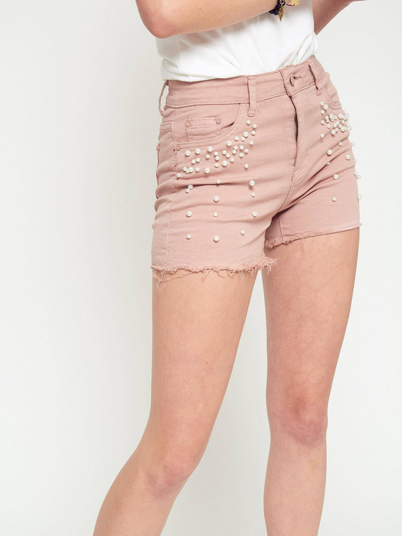 Szorty z perełkami pudrowy róż