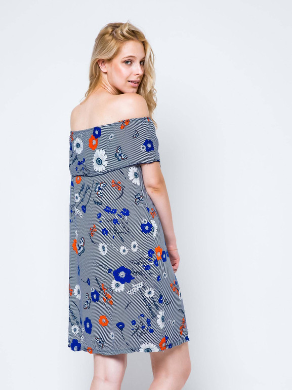 Sukienka z dekoltem carmen zdobiona nadrukiem w kwiaty i motyle granatowa