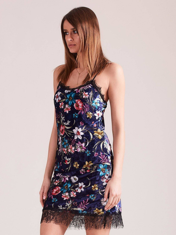 Sukienka welurowa zdobiona nadrukiem w kwiaty granatowa