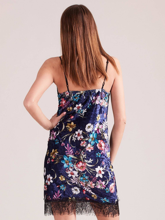 Sukienka welurowa zdobiona nadrukiem w kwiaty granatowa