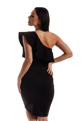 Czarna sukienka z dekoracyjną falbaną przy dekolcie La Diva