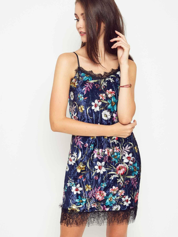 Sukienka welurowa zdobiona nadrukiem w kwiaty granatowa